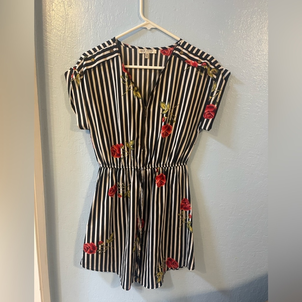 Speed Control Striped Dress with Red Floral Design